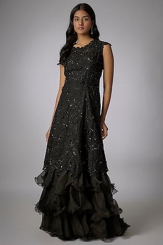 black organza crepe cutdana embroidered gown