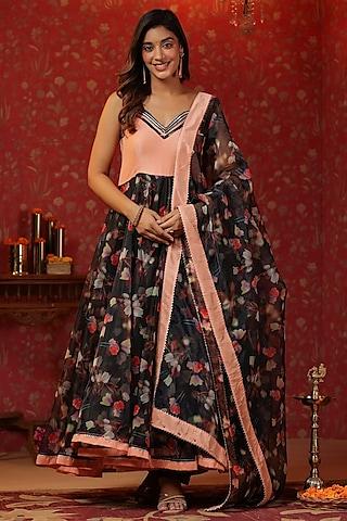 black organza digital printed sleeveless anarkali set