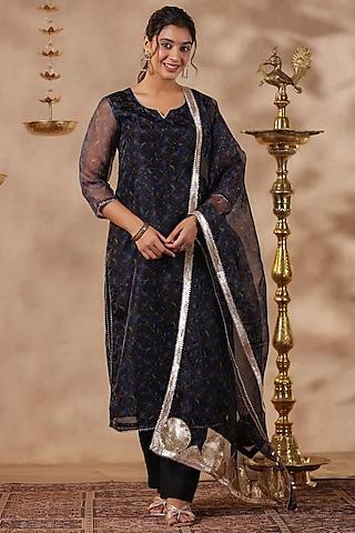 black organza digital printed straight kurta set