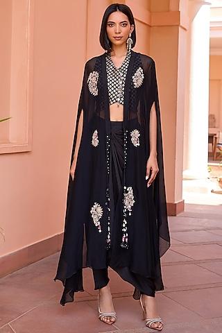 black organza dori embroidered cape set