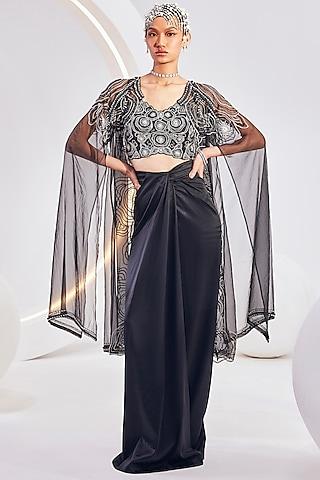 black organza embellished cape set