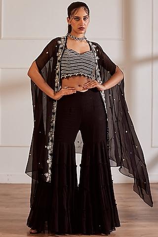 black organza embellished cape set