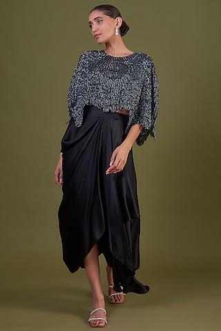 black organza embroidered cape set