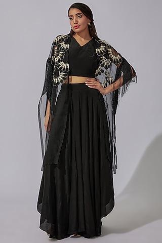 black organza embroidered cape set