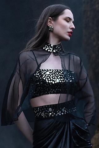 black organza embroidered cape with bralette