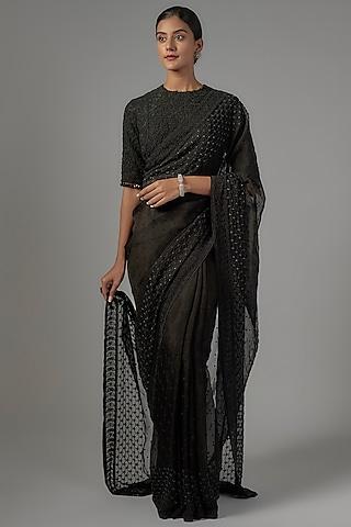 black organza embroidered saree set