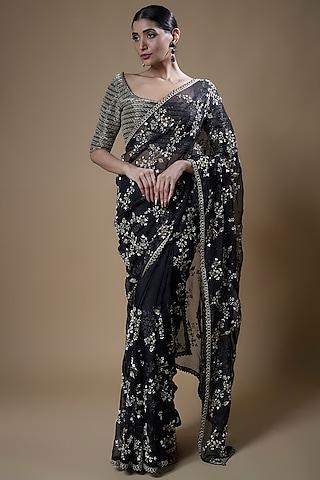 black organza embroidered saree set