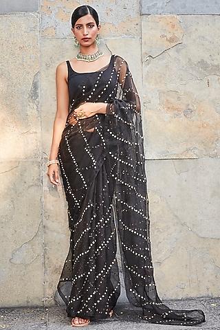 black organza embroidered saree set