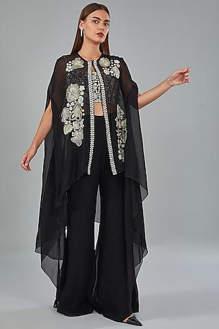 black organza floral embroidered cape set