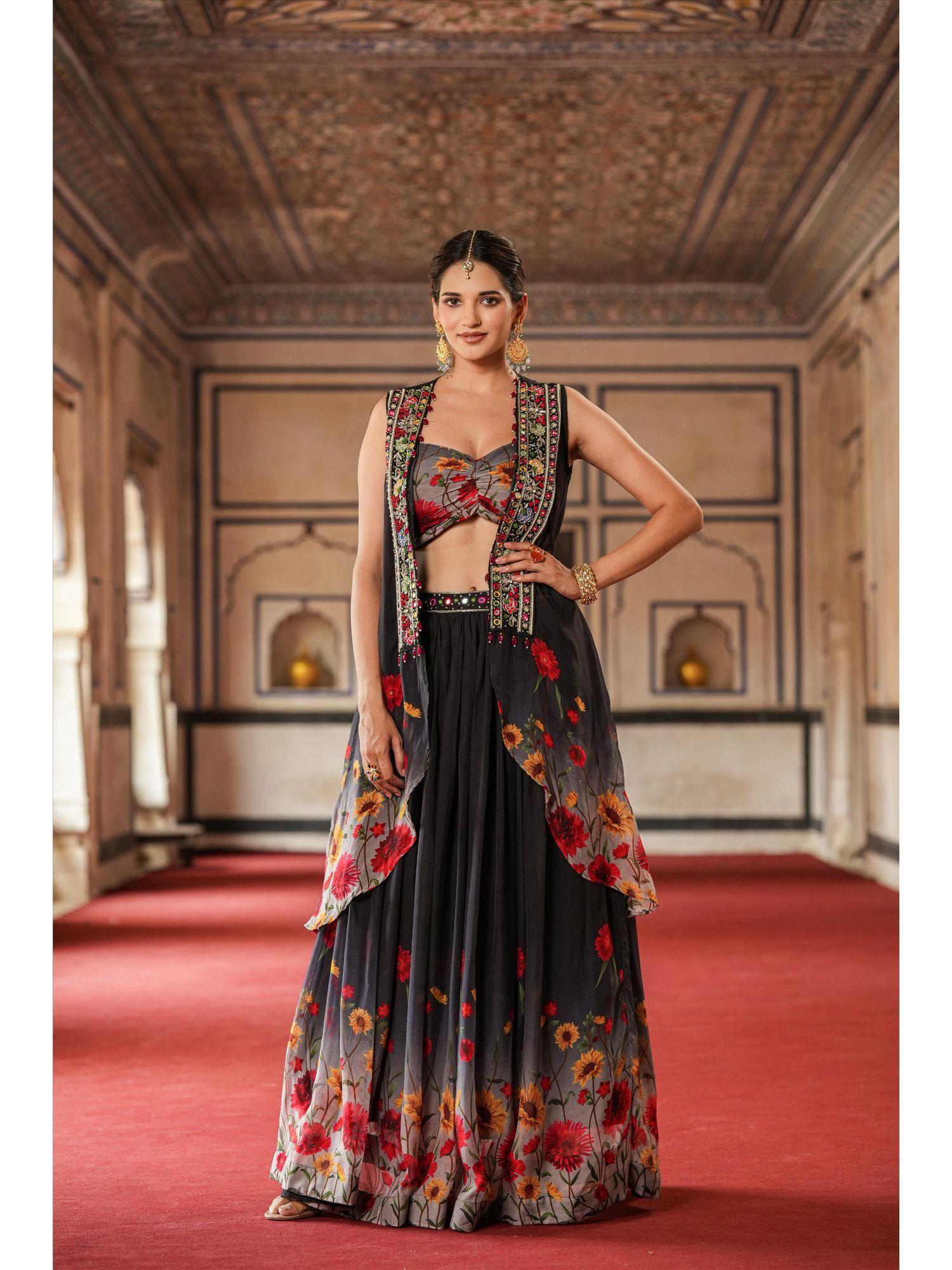 black organza floral print & embellished lehenga blouse cape (set of 3)