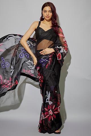 black organza floral printed & glass beads embroidered pre-draped saree set