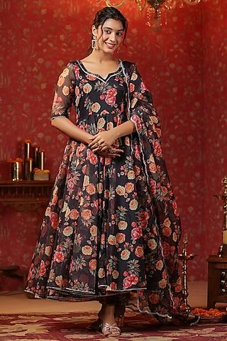 black organza floral printed anarkali set