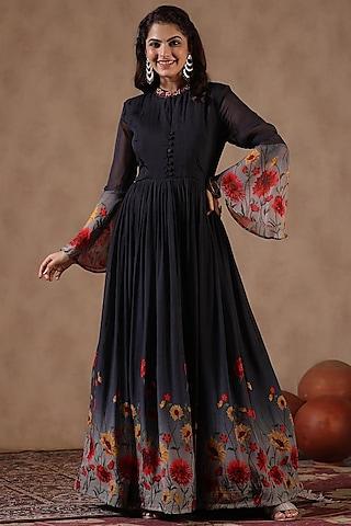 black organza floral printed gown