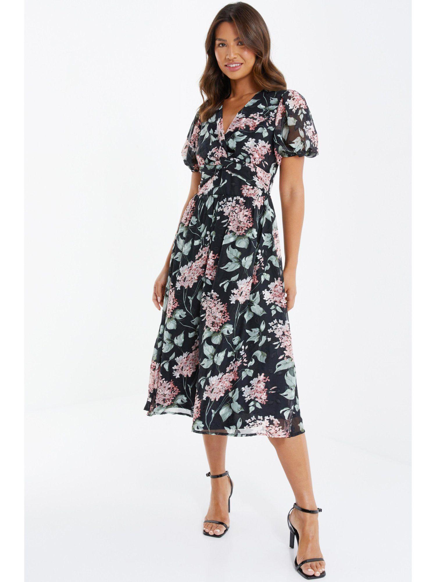 black organza floral puff sleeve dress