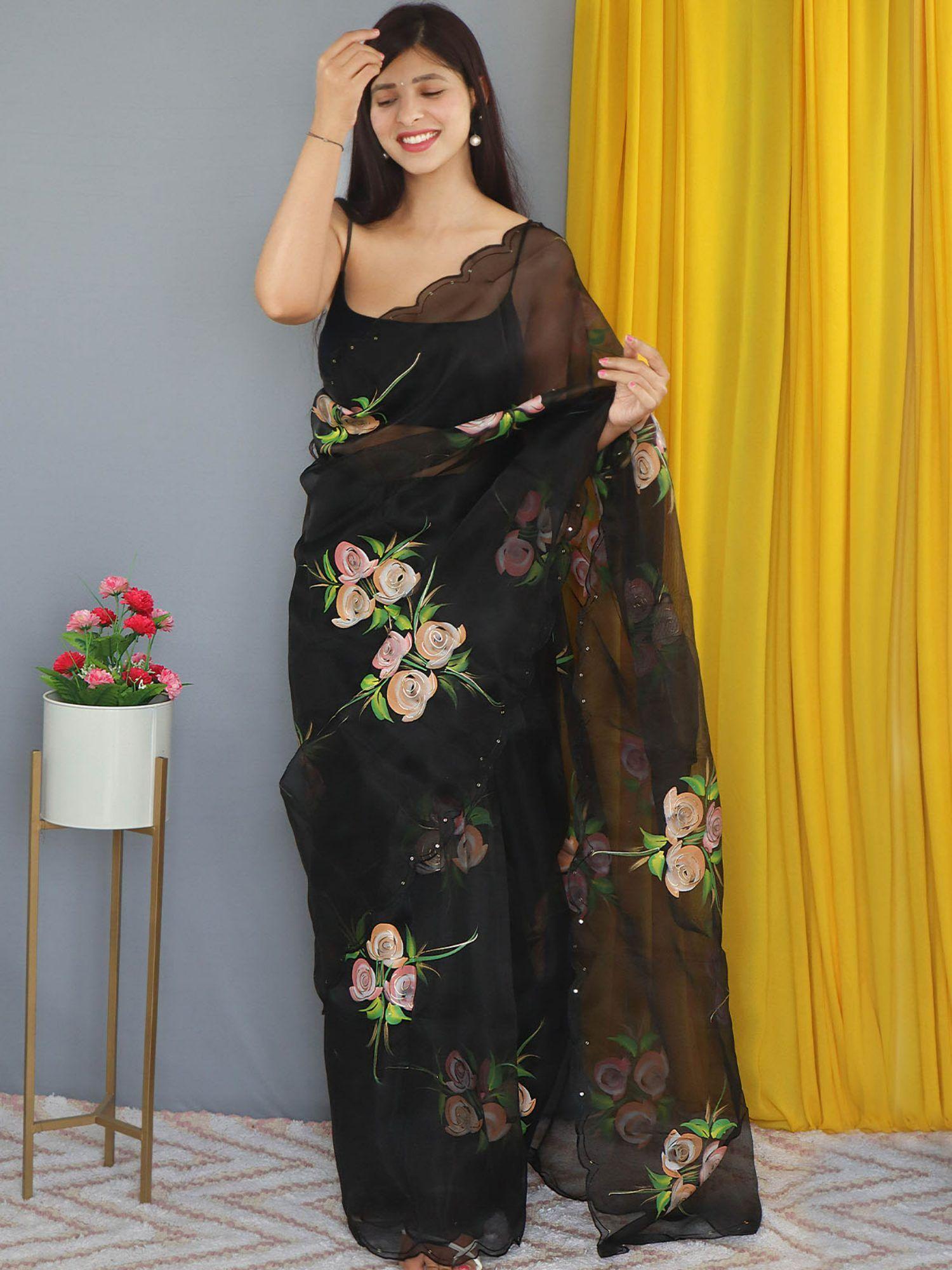 black organza foil print saree with unstitched blouse