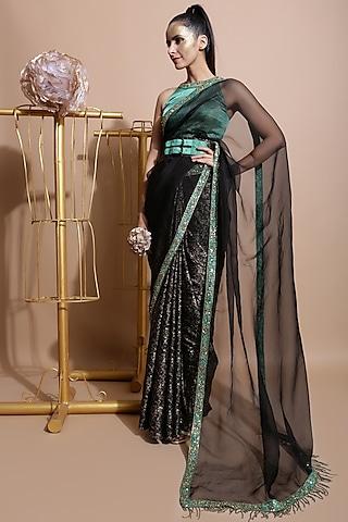 black organza printed saree set