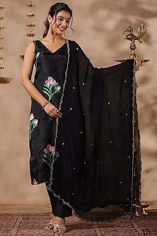 black organza printed straight kurta set