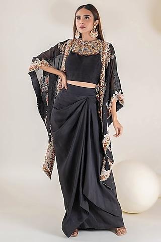 black organza resham & zardosi embroidered cape set