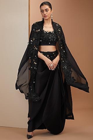 black organza thread embroidered butterfly cape set