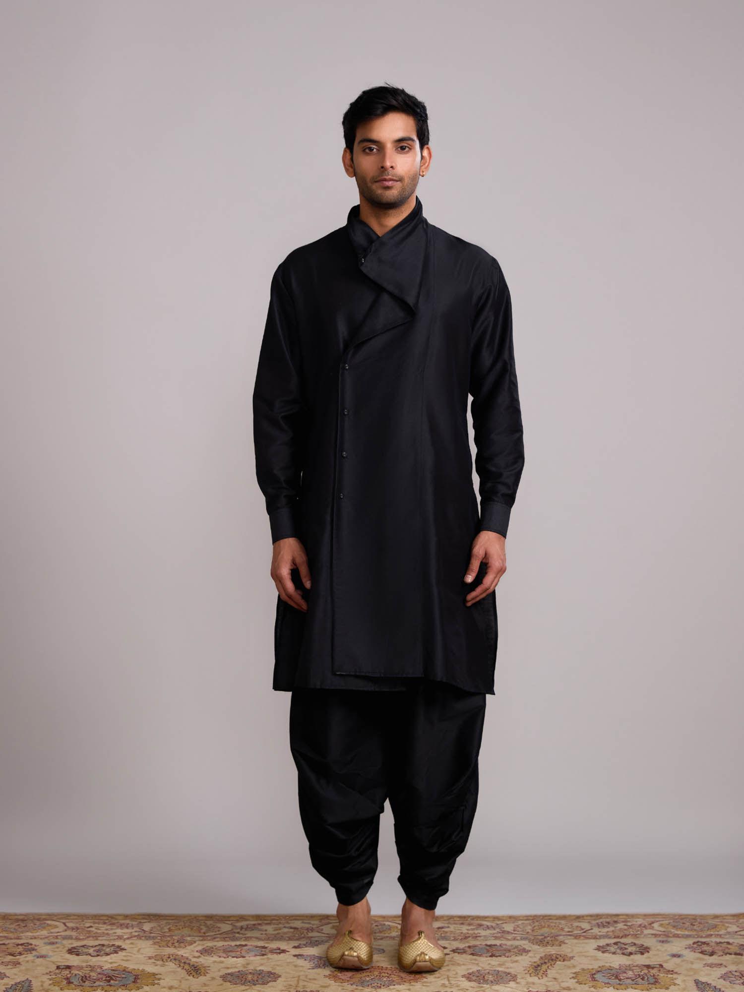 black overlap draped neck kurta