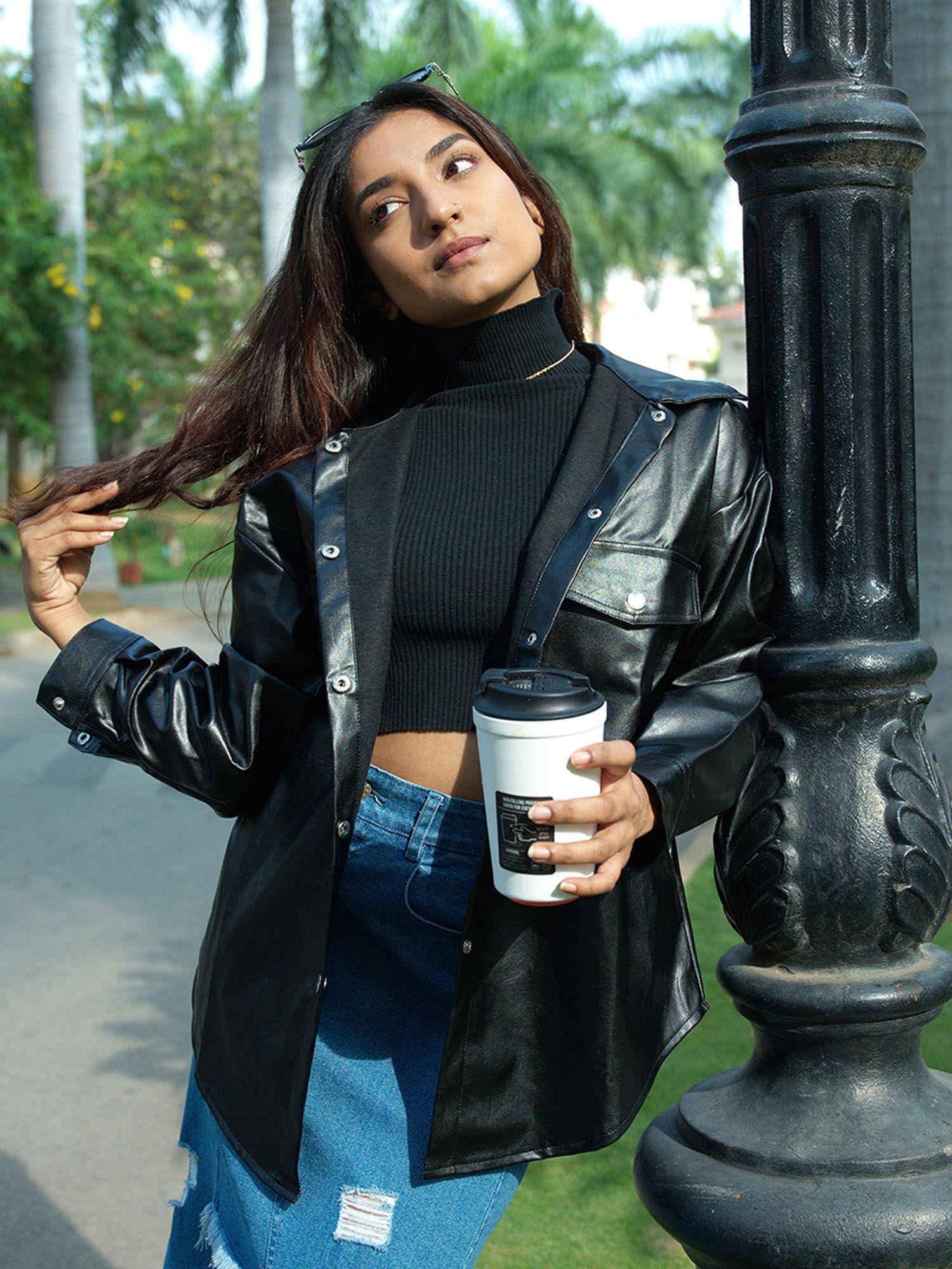 black oversized faux-leather jacket