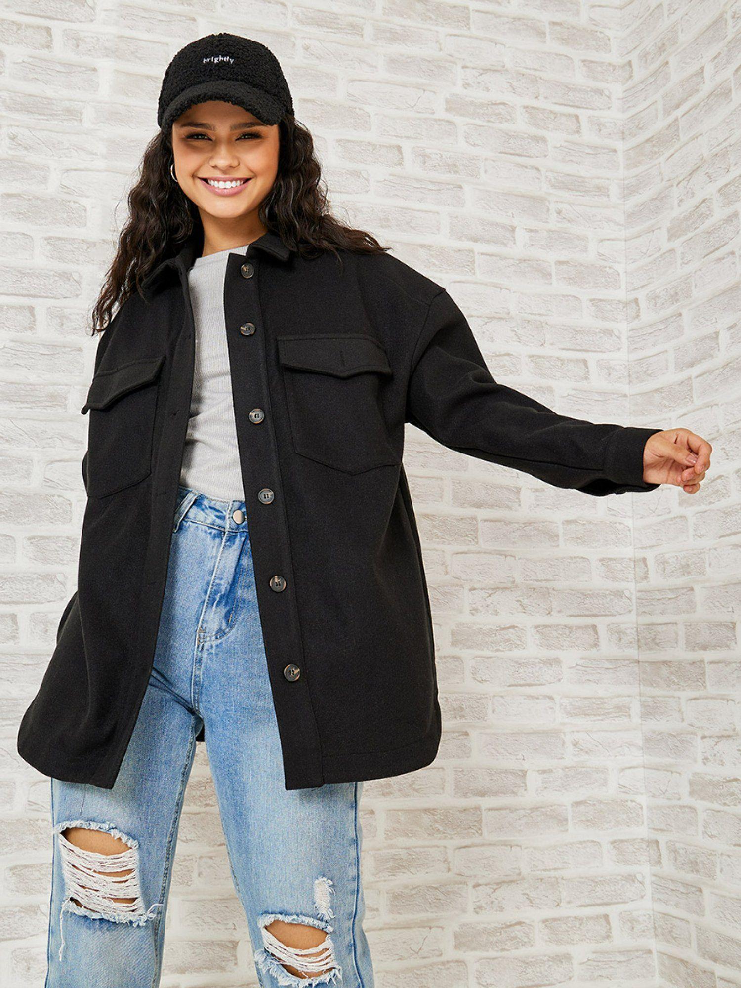 black oversized fit longline wool like shacket