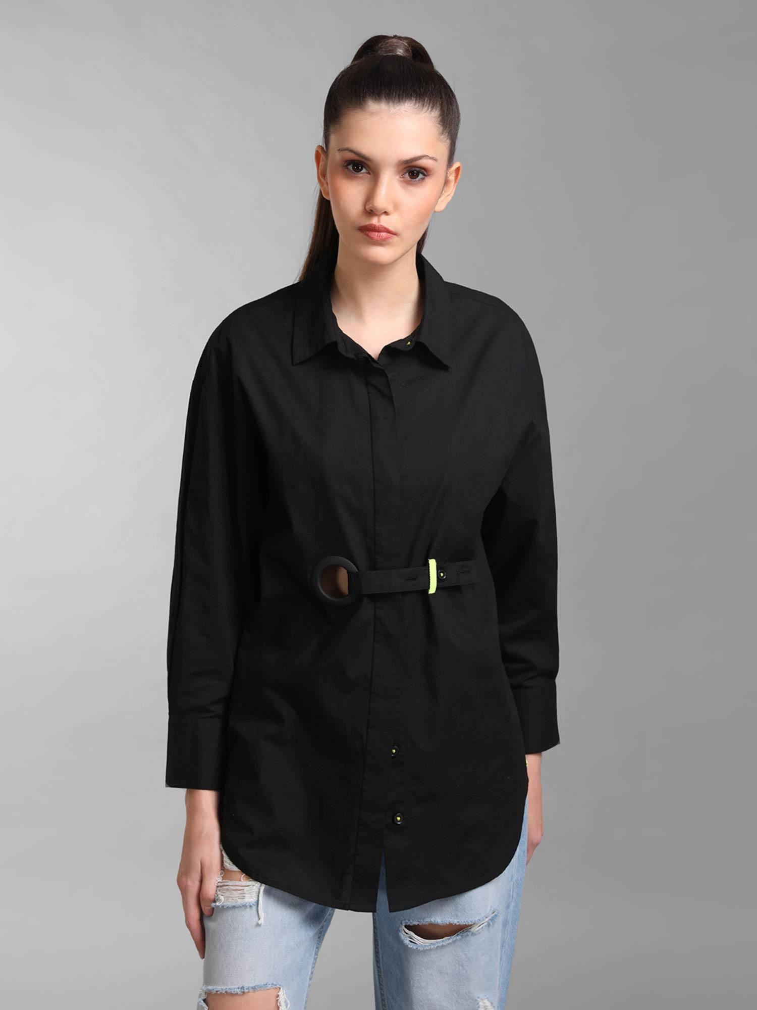 black oversized shirt with eyelet detail