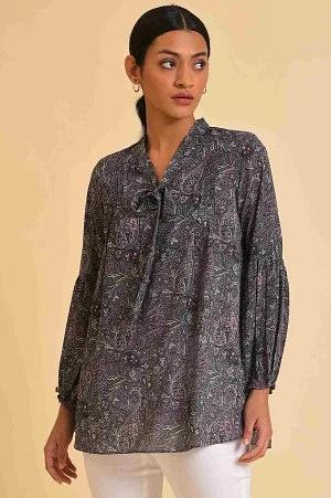 black paisley printed a-line top