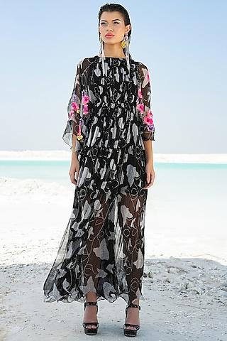 black palm grove printed ruched maxi dress