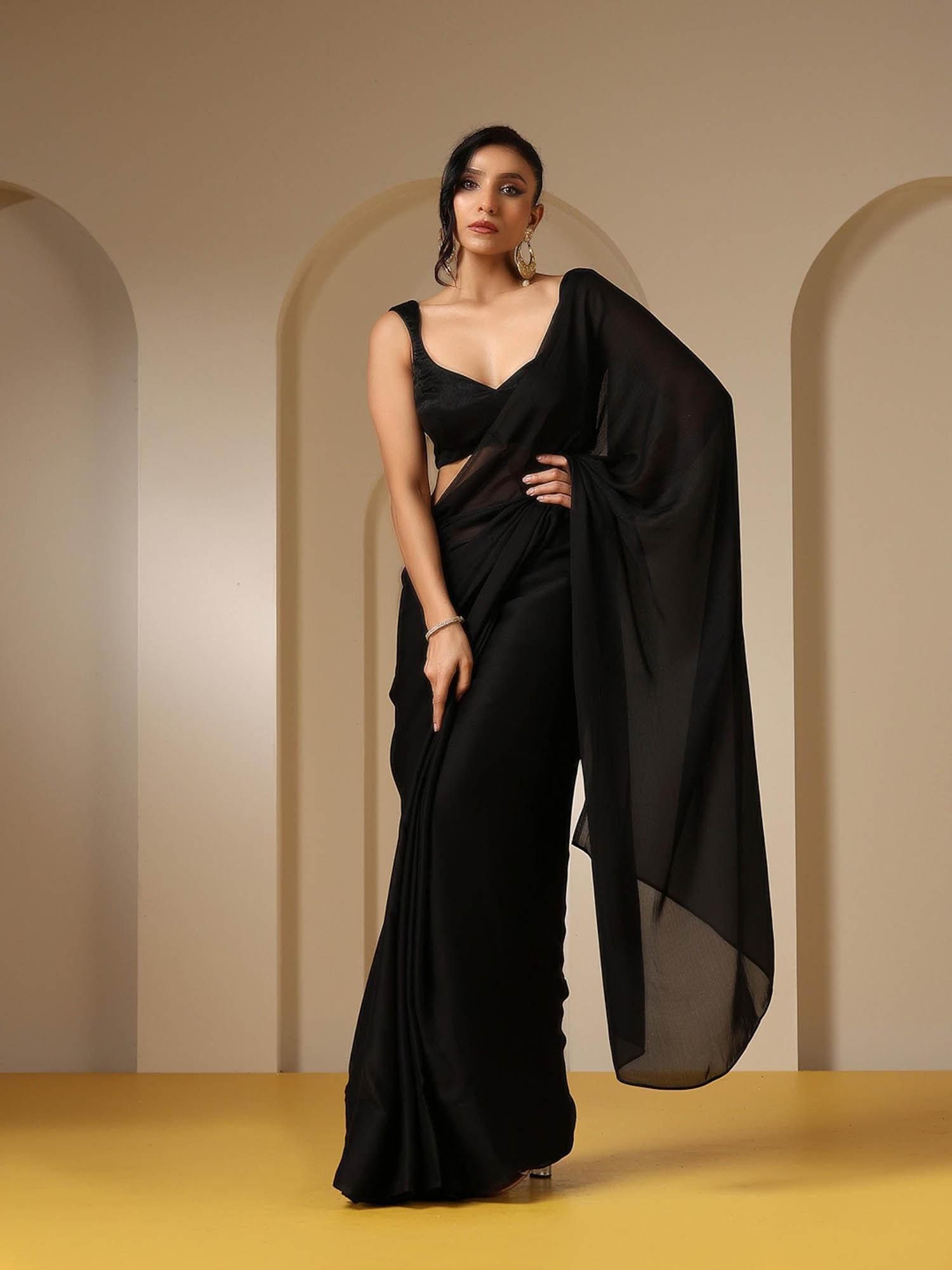 black panther satin chiffon saree with unstitched blouse