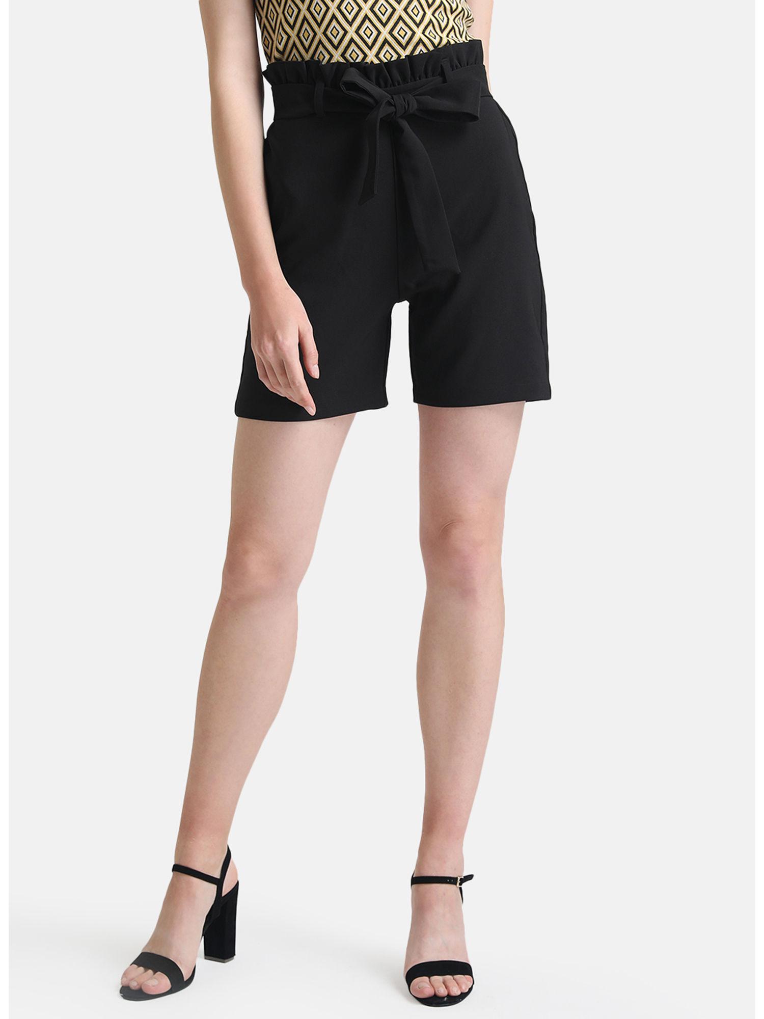 black paperbag shorts with belt and elasticated waist