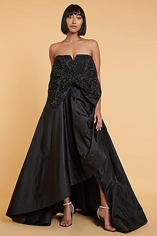 black parachute gown with crystal mesh bow
