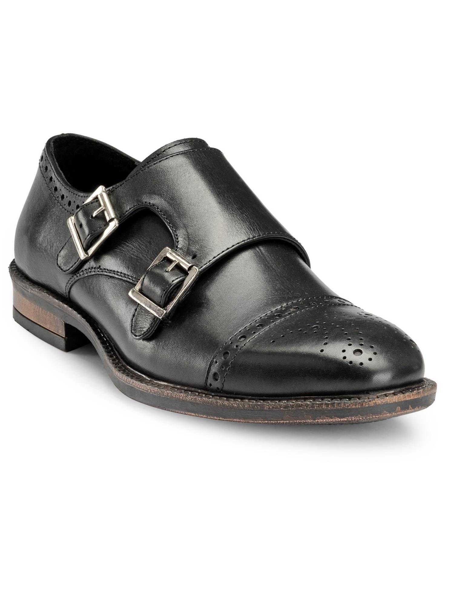 black patterned monk straps