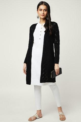 black patterned winter wear full sleeves women regular fit winter cape