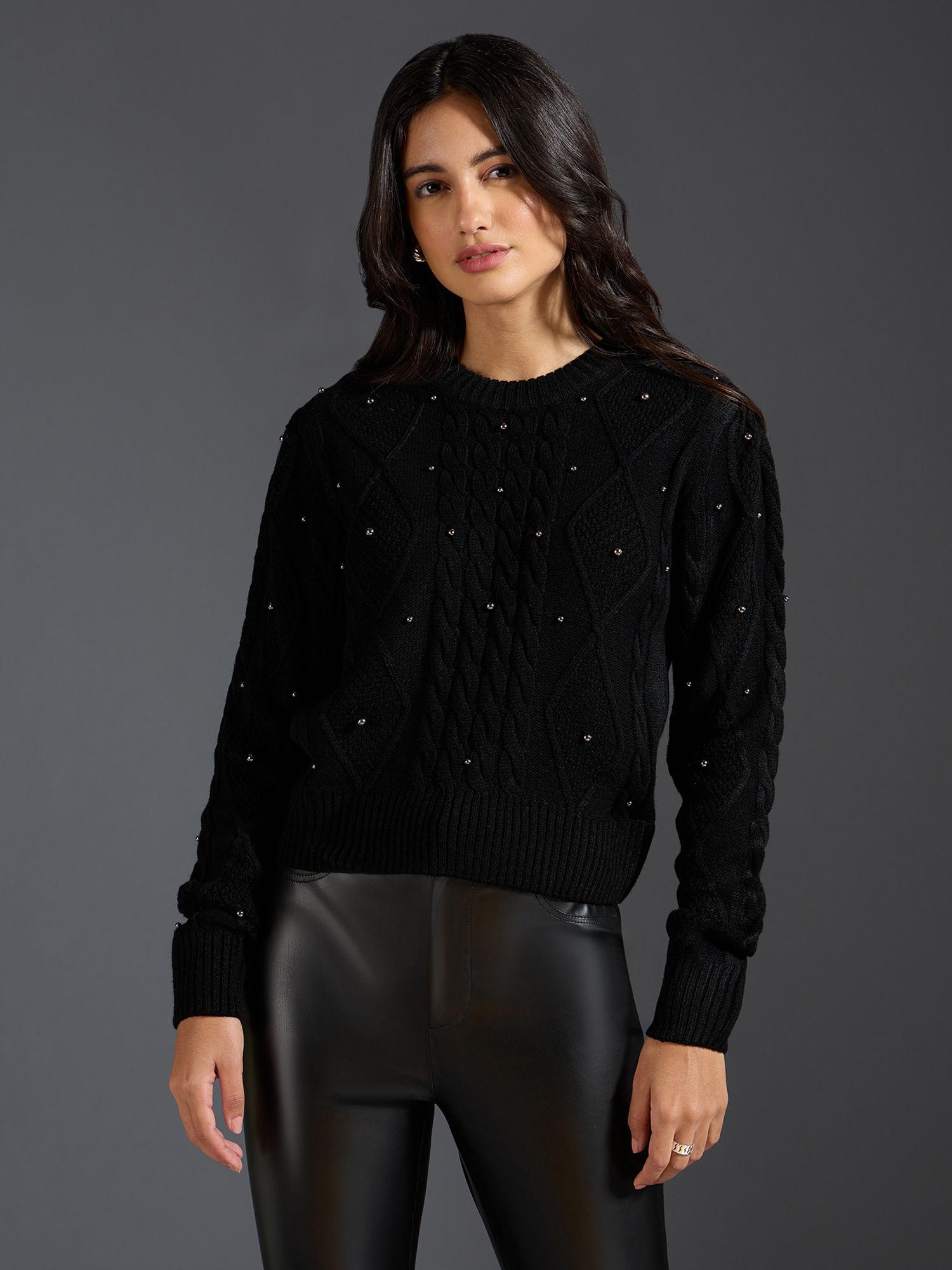 black pearl embellished crew neck sweater top