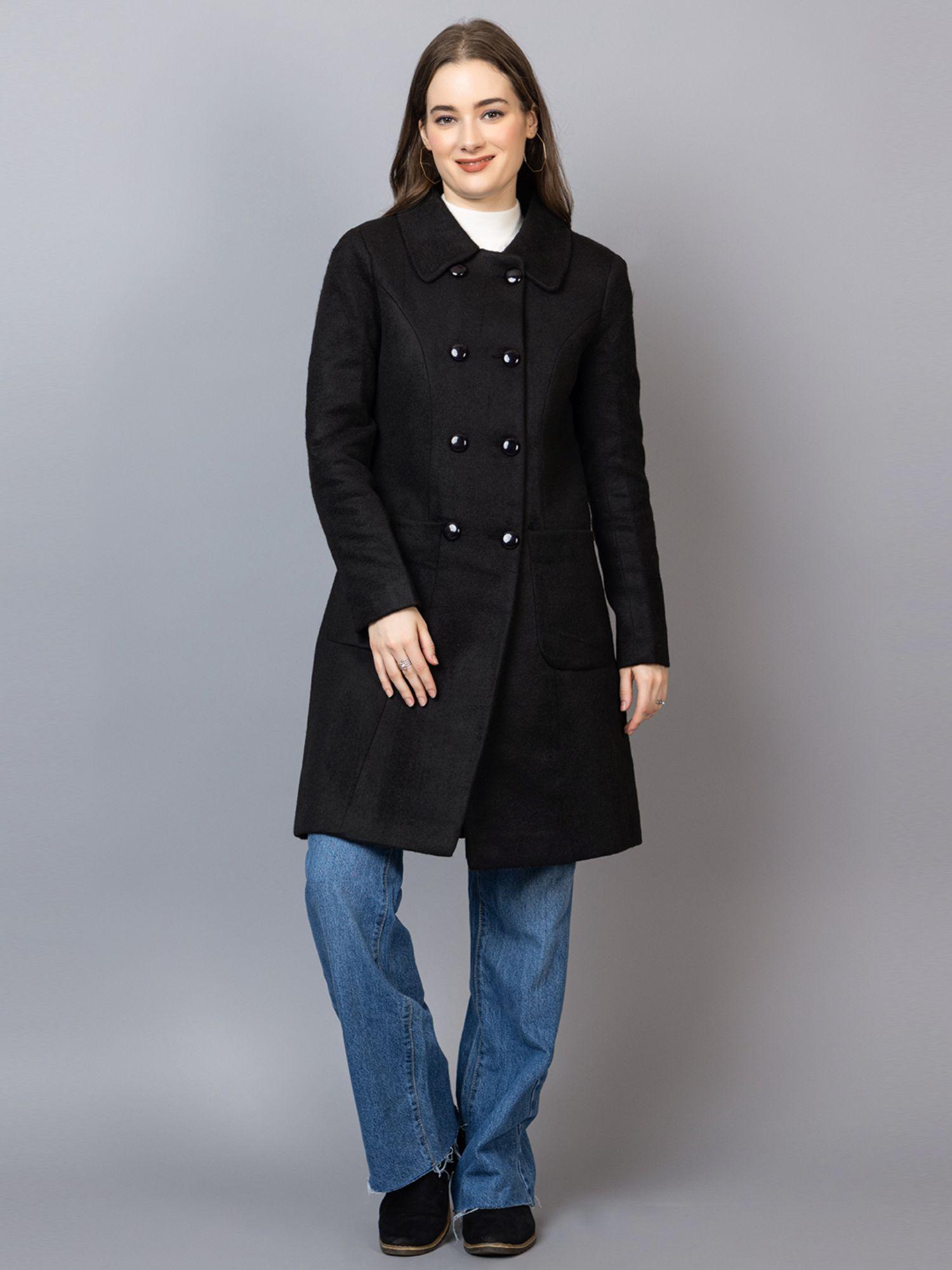 black peter pan collar woolen longline trench coat