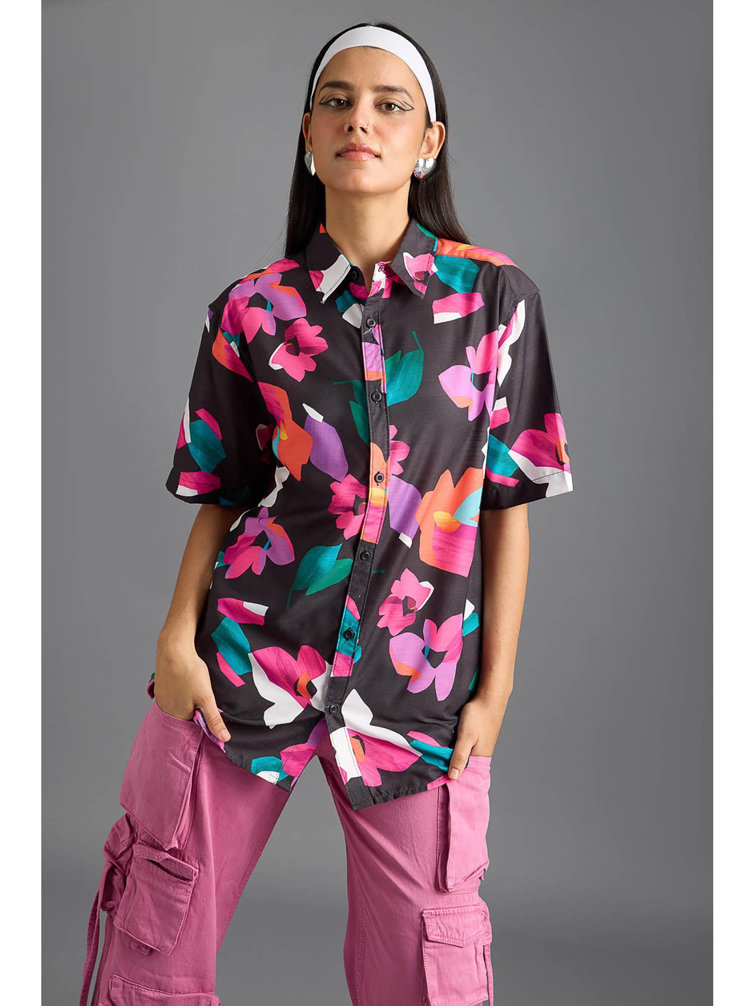 black pink printed women resort shirt