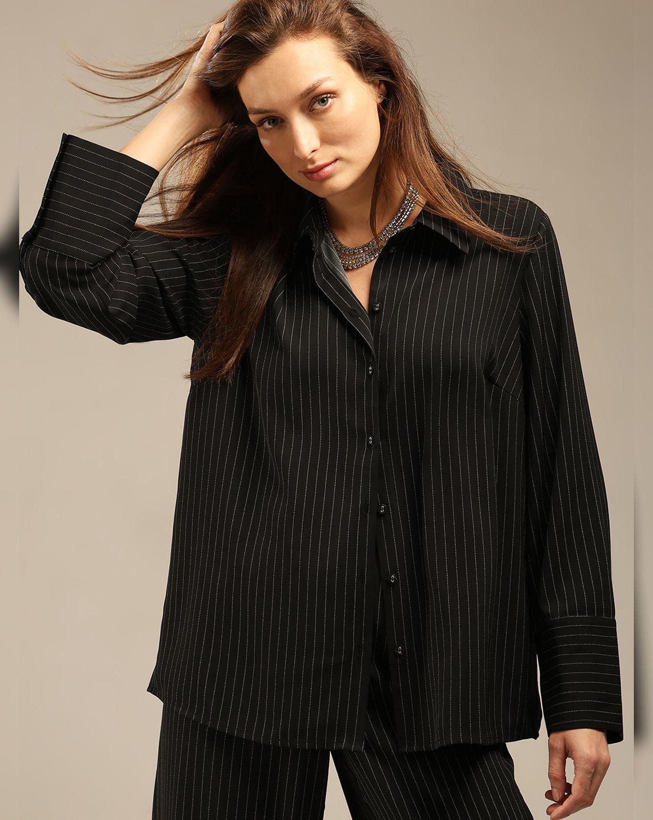 black pinstripe co-ord set shirt