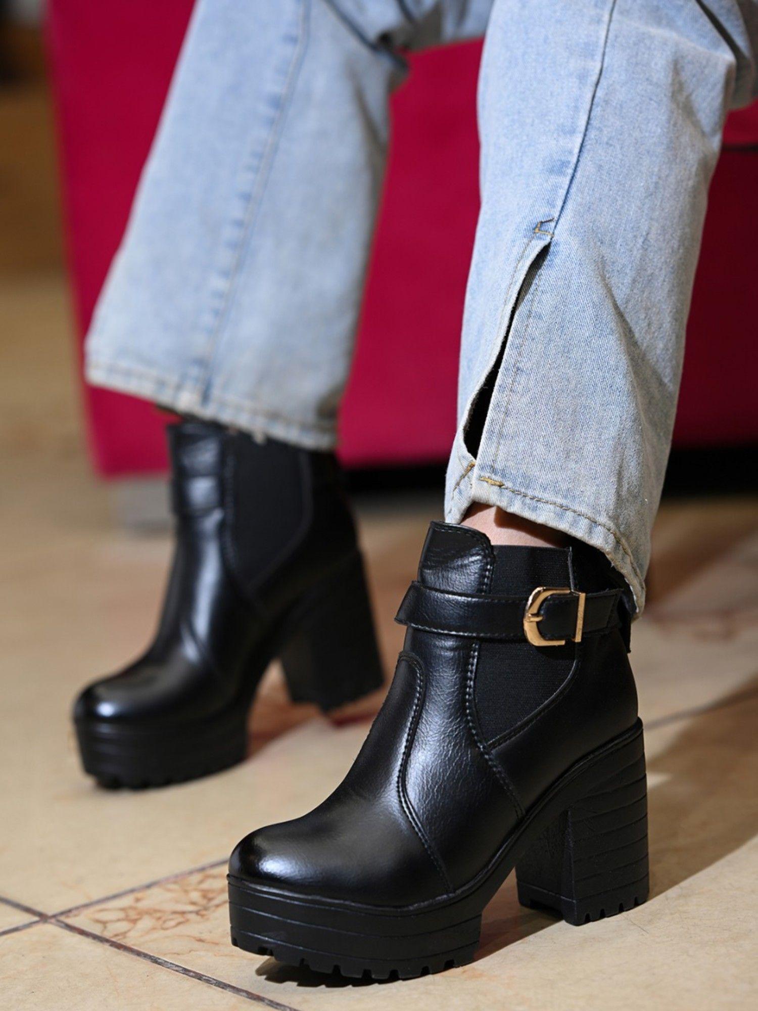 black platform heeled boots with buckles for girls