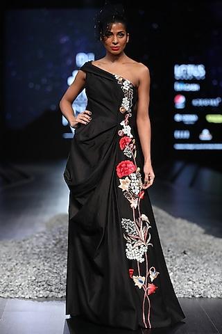 black pleated & embroidered gown