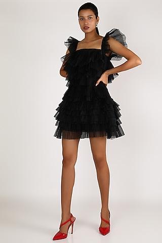 black pleated dress with ruffles