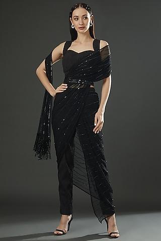 black pleated fabric & net sequins embroidered pant saree set