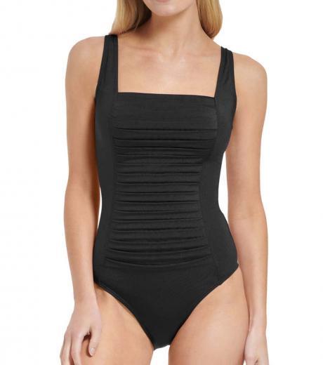 black pleated one-piece swimsuit