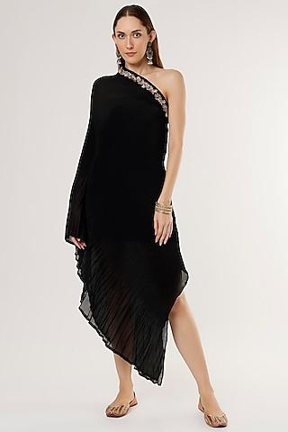 black pleated polyester dress