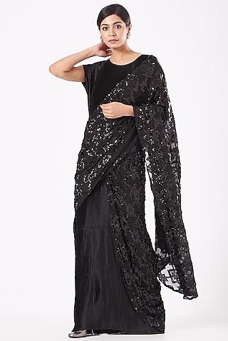 black pleated polyester saree