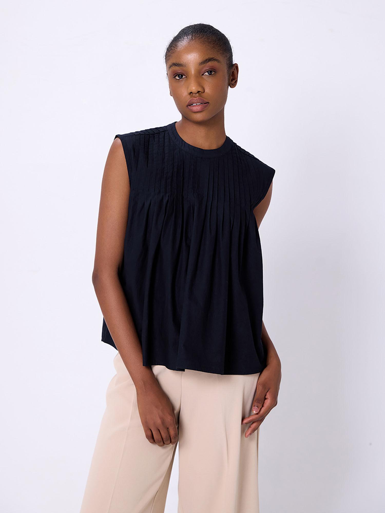 black pleated sleeveless shell top