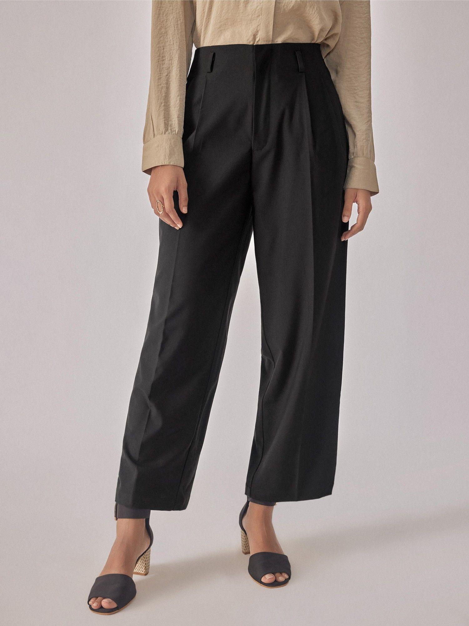 black pleated straight trousers