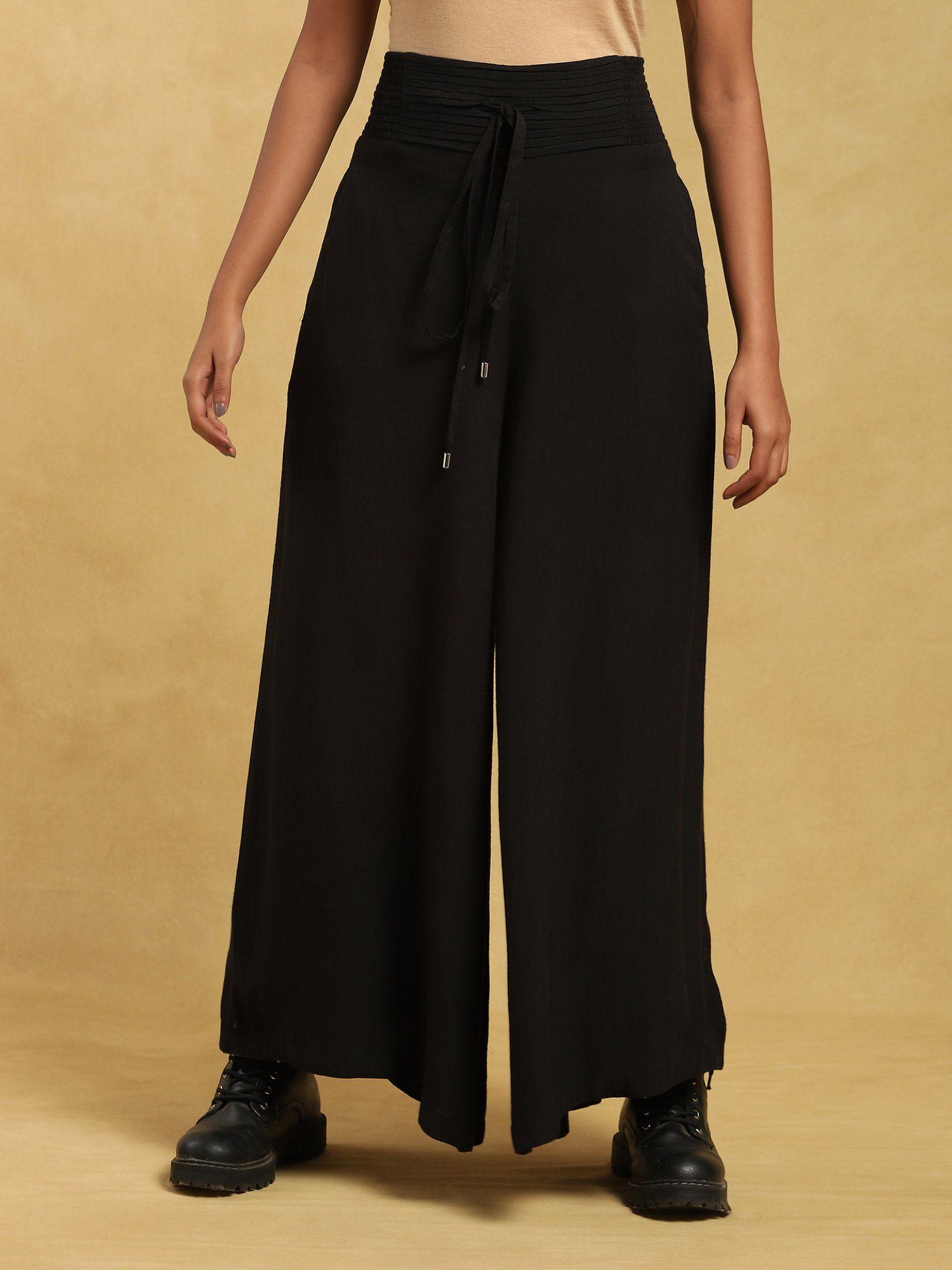 black pleated waist flared palazzo