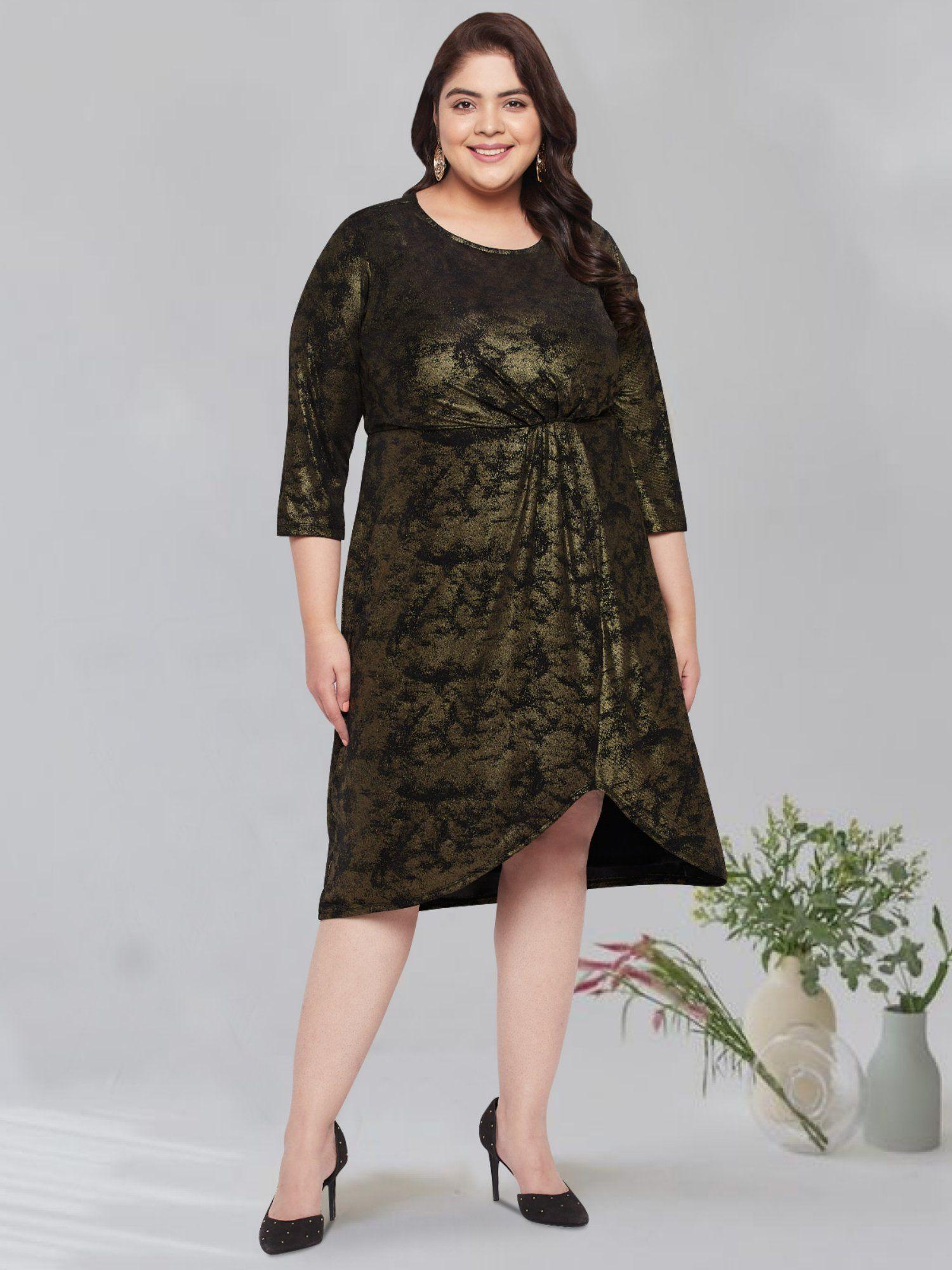 black plus size golden foil print curve twisted dress