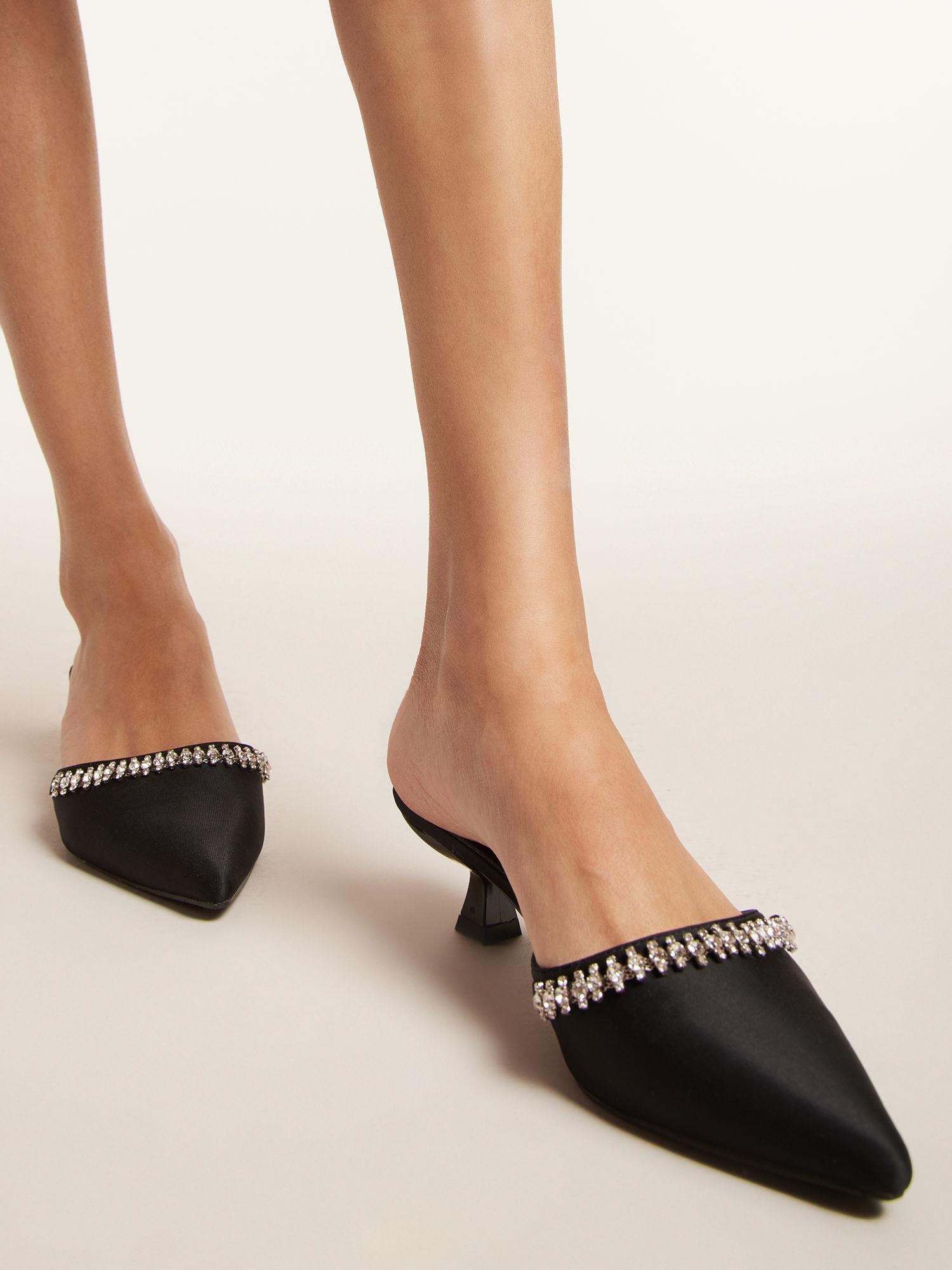 black pointed toe embellished mule heels